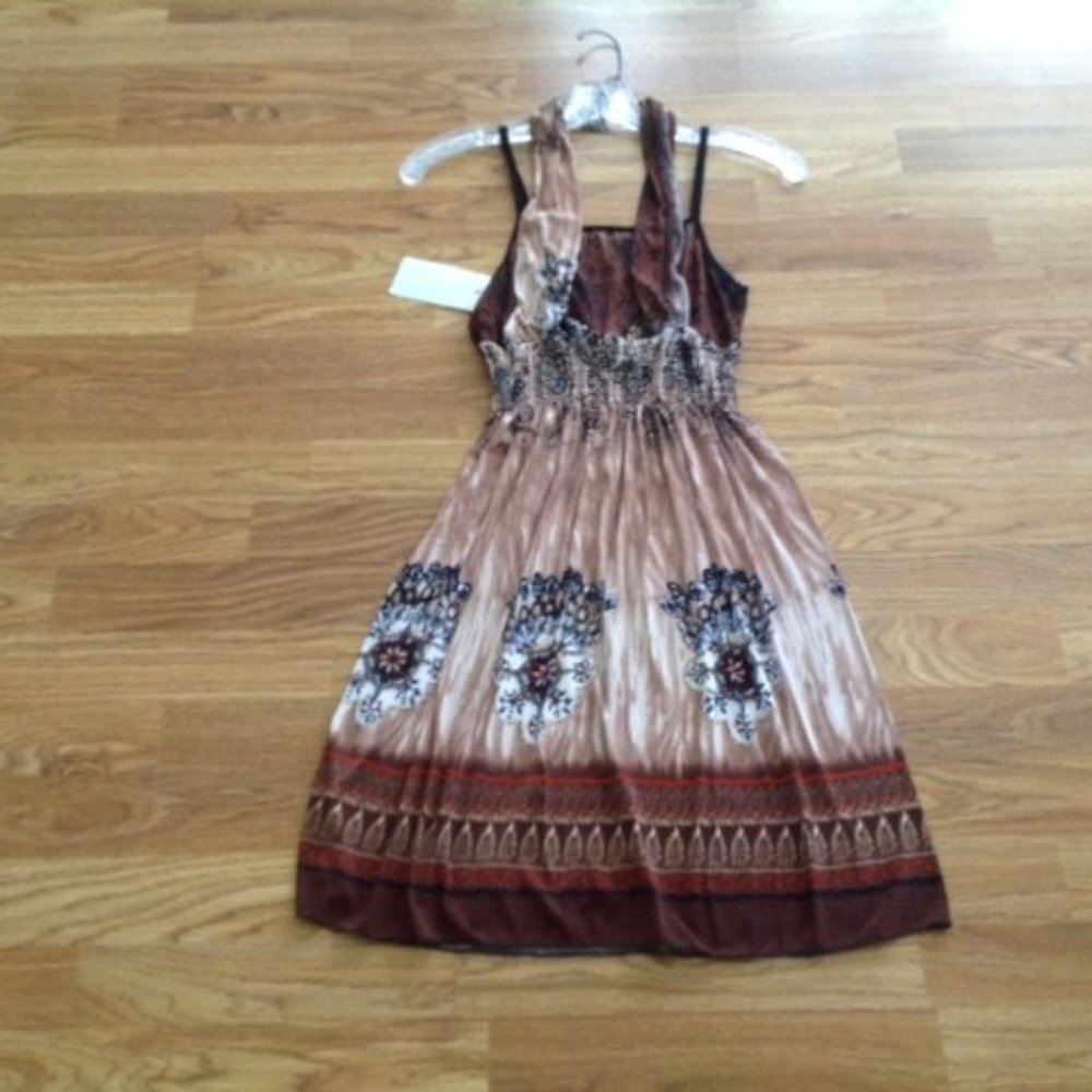 NWT HALTER + STRAPS DRESS SUNDRESS BROWN & TAN M - Picture 2 of 5
